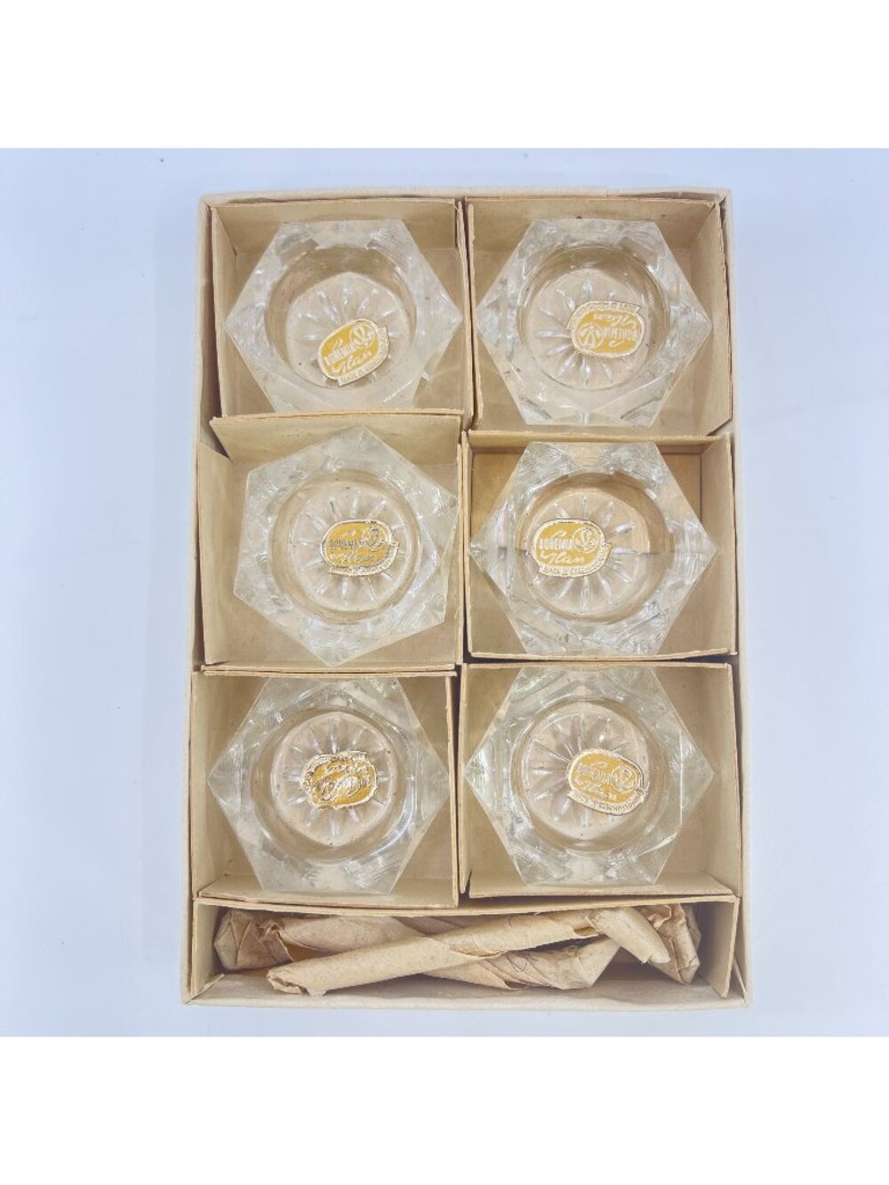 vintage bohemia crystal open salt cellars with faceted design & star-cut bottoms